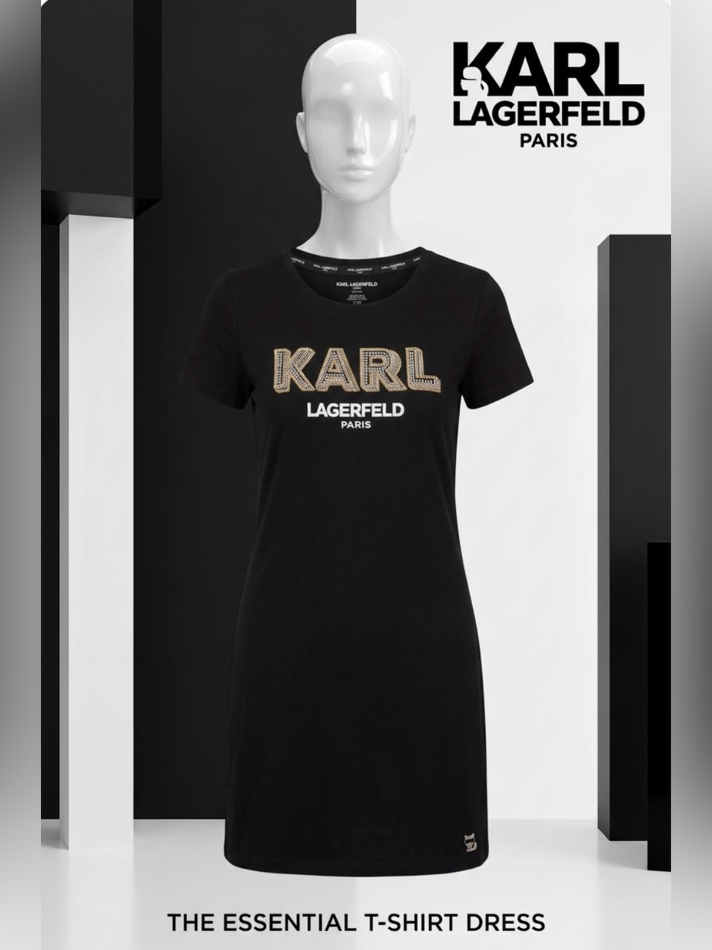 Like New~ Women’s Karl Lagerfeld Black T-Shirt Dress W/Gold Embellished KARL ~ L